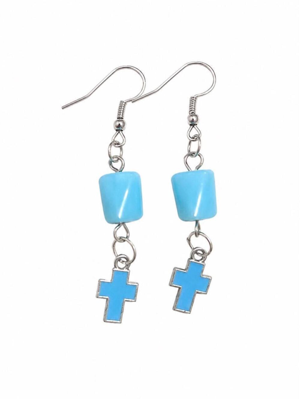Handmade blue cross dangle earrings